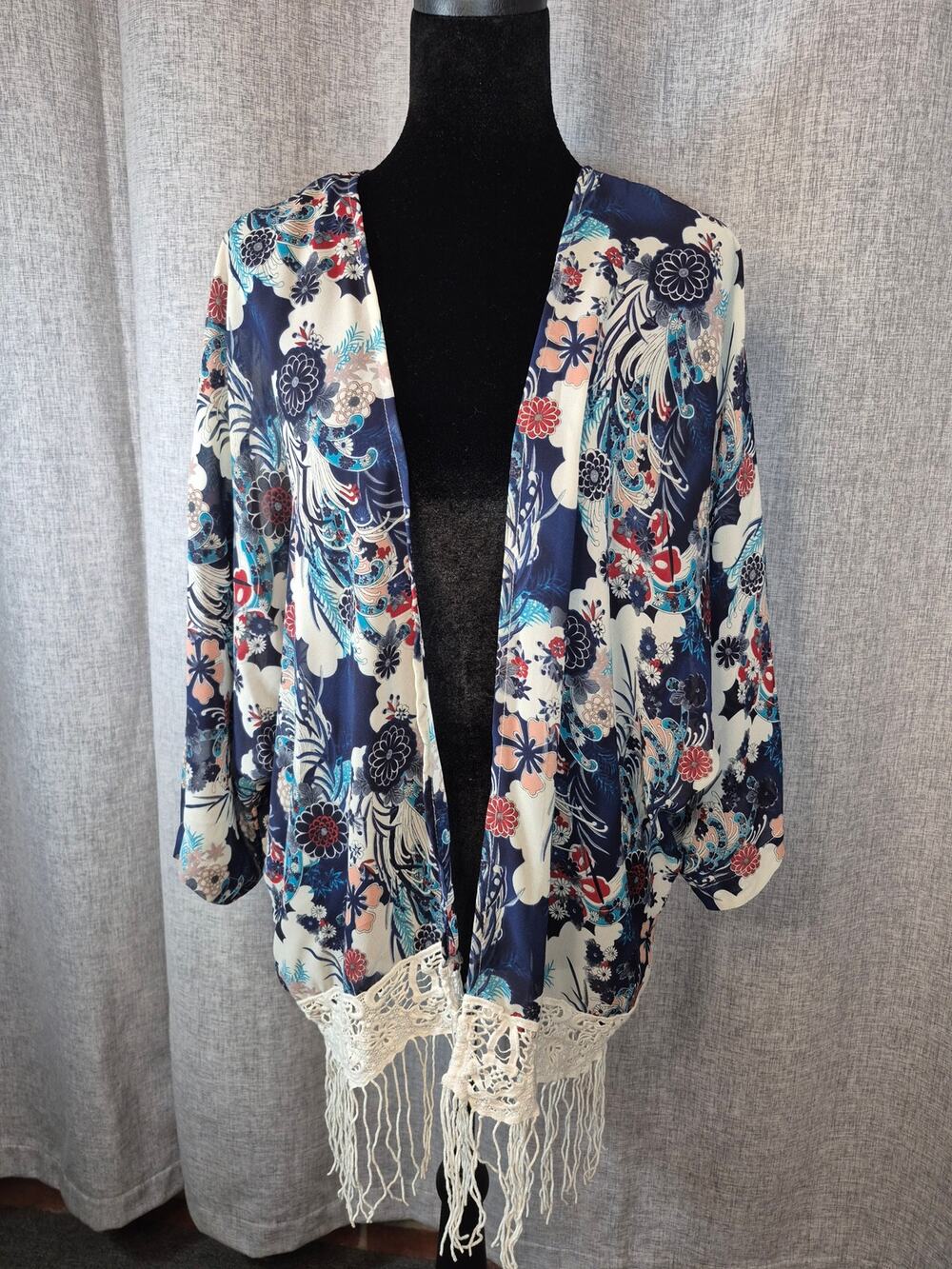 Rachel & Chloe Blue Floral Kimono Cardigan Lace Fringe Open Front Cover Up M